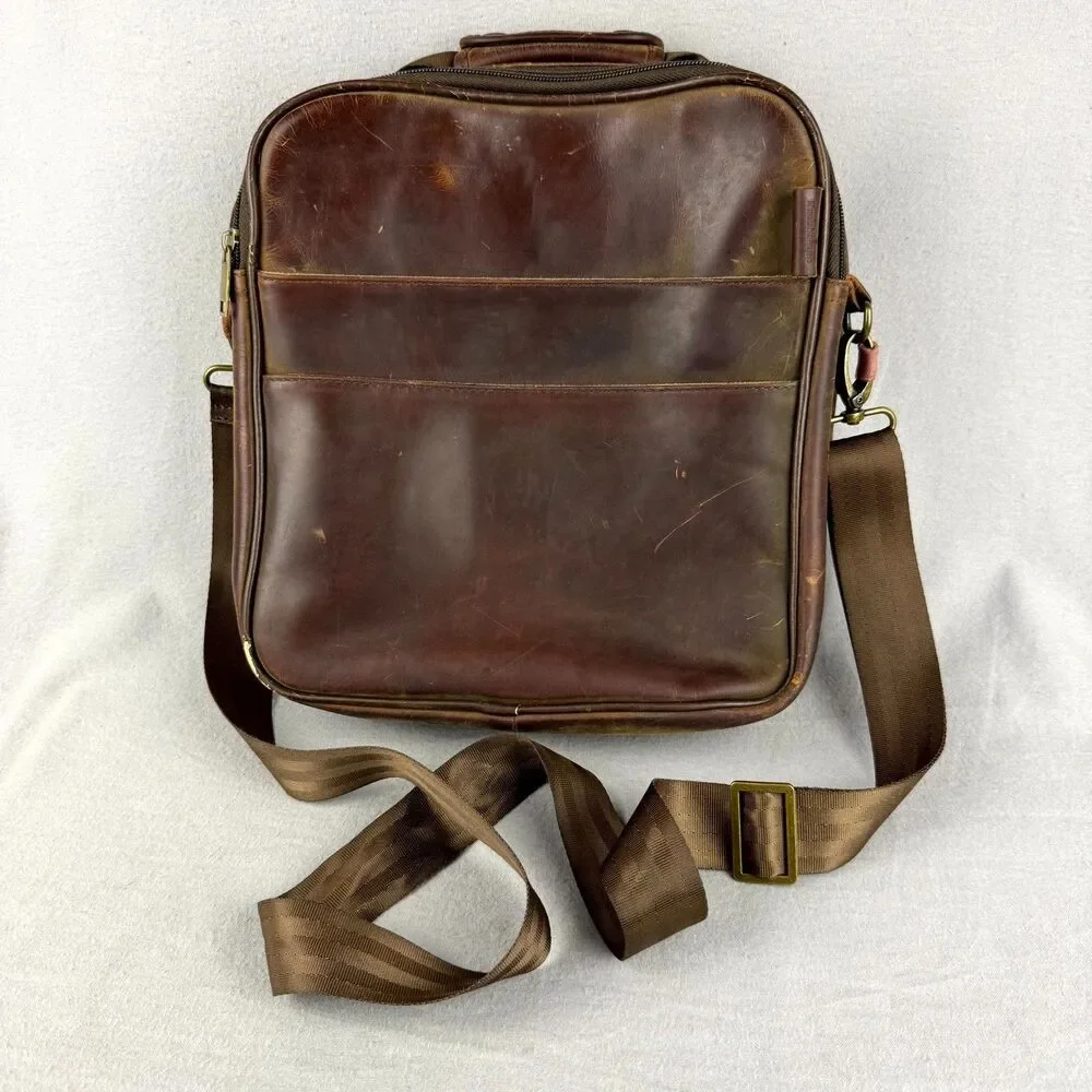 Brookstone Messenger Bag Mens Brown Leather Multi Pocket Detachable Crossbody
